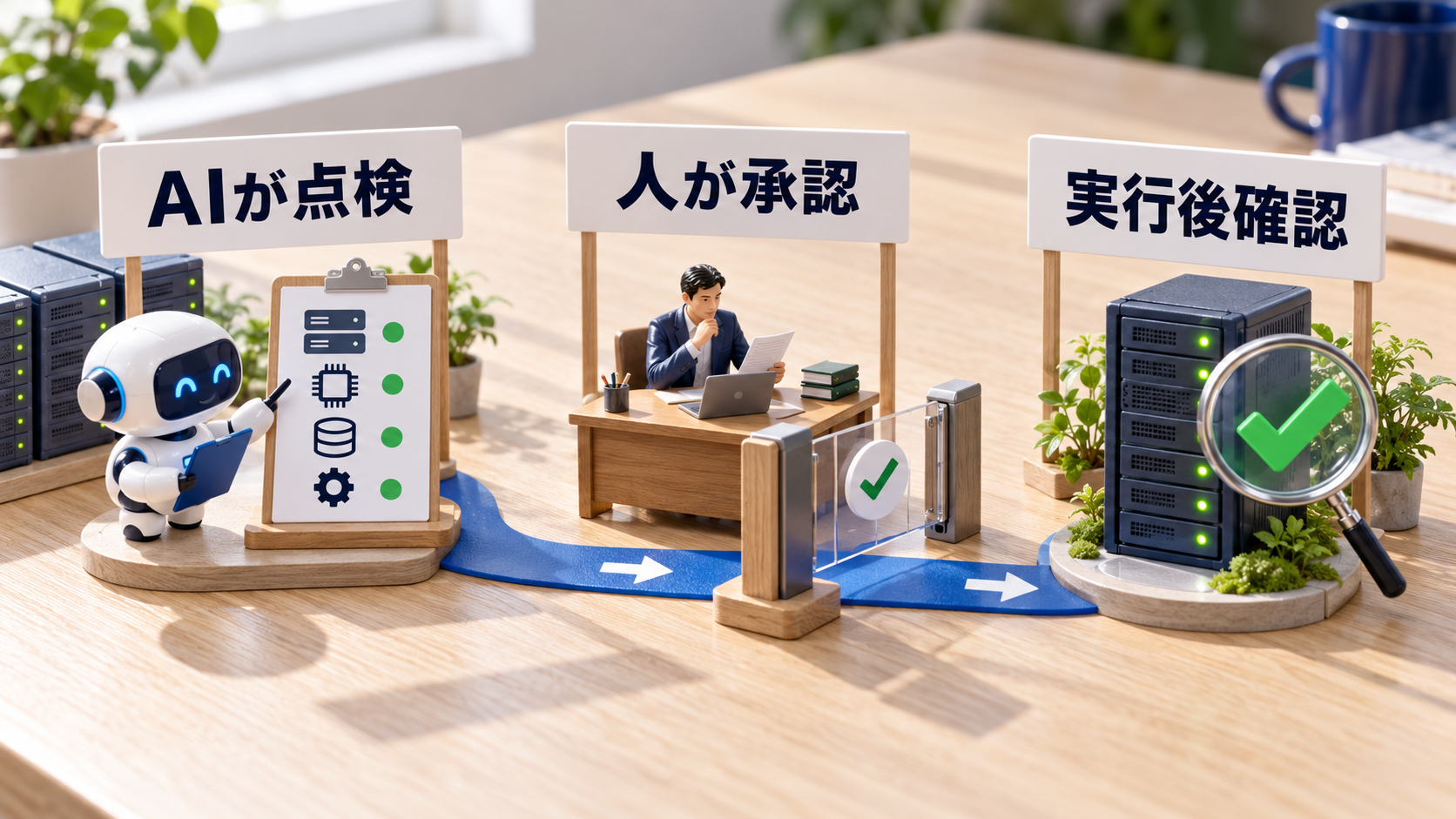 AIが点検、人が承認、実行後確認を示す日本語ラベル付き卓上ミニチュア