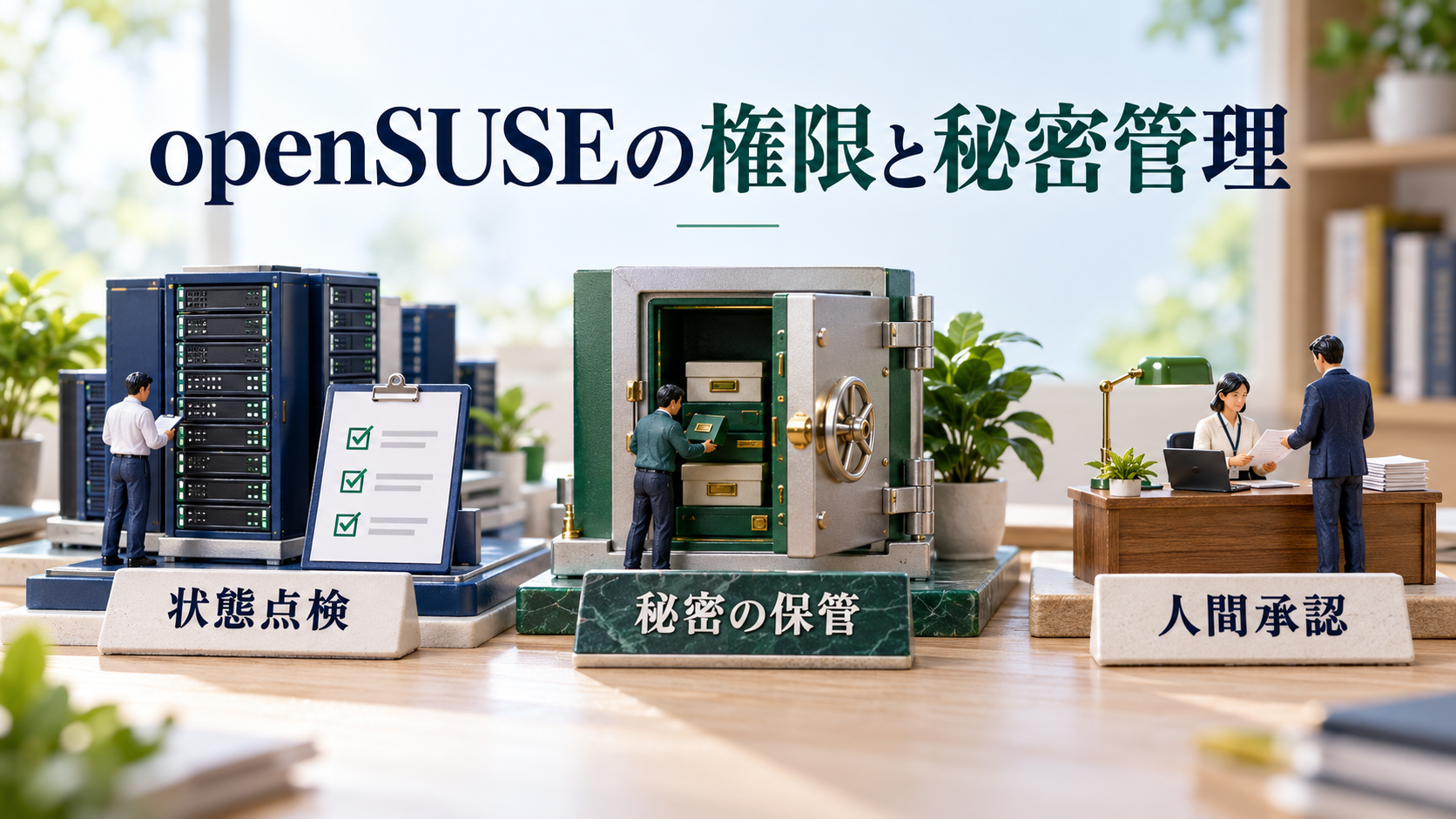 openSUSEの状態点検、秘密の保管、人間承認を分けた日本語ラベル付き卓上ミニチュア