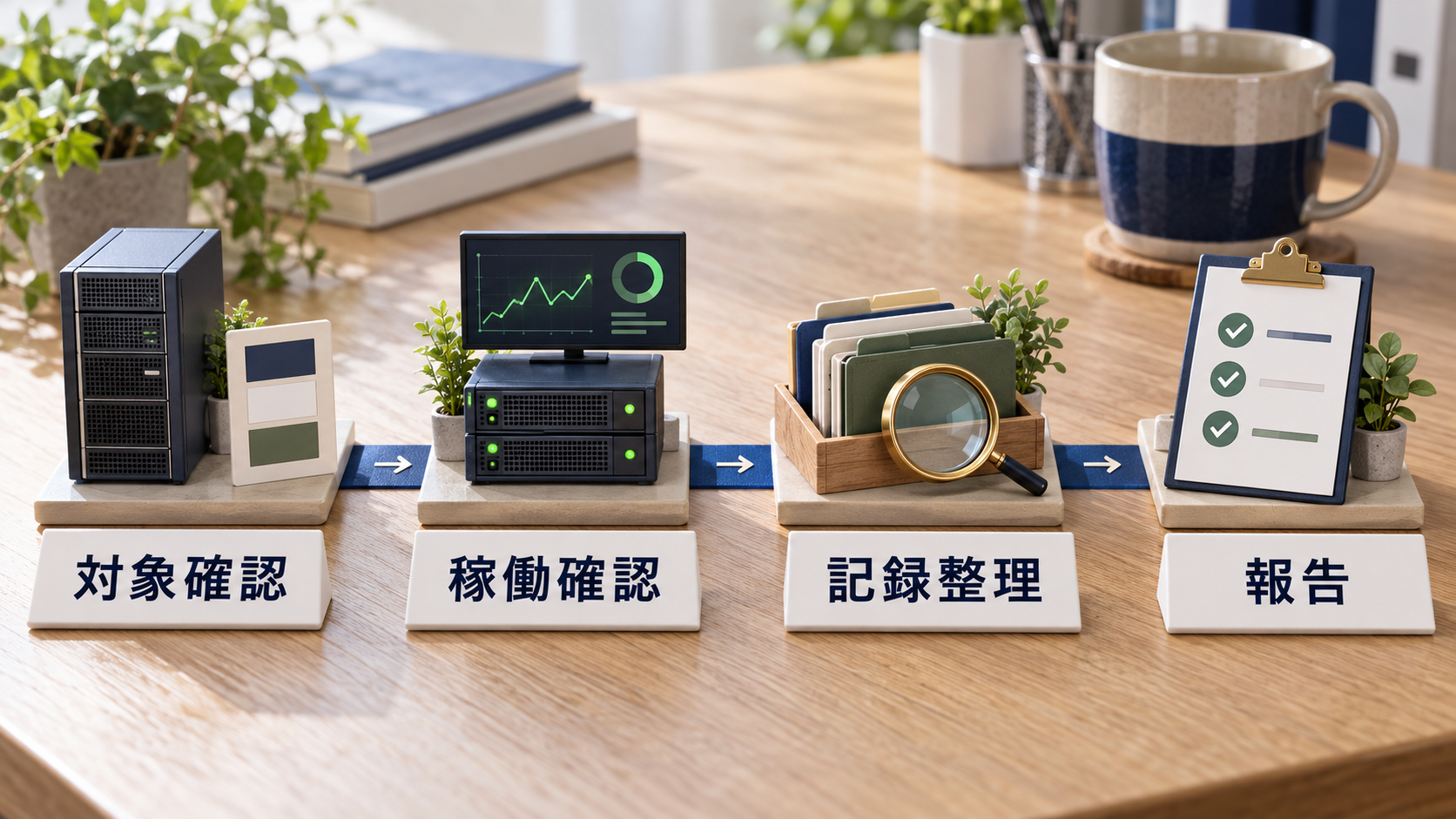 対象確認、稼働確認、記録整理、報告を示す日本語ラベル付きopenSUSE点検の卓上ミニチュア