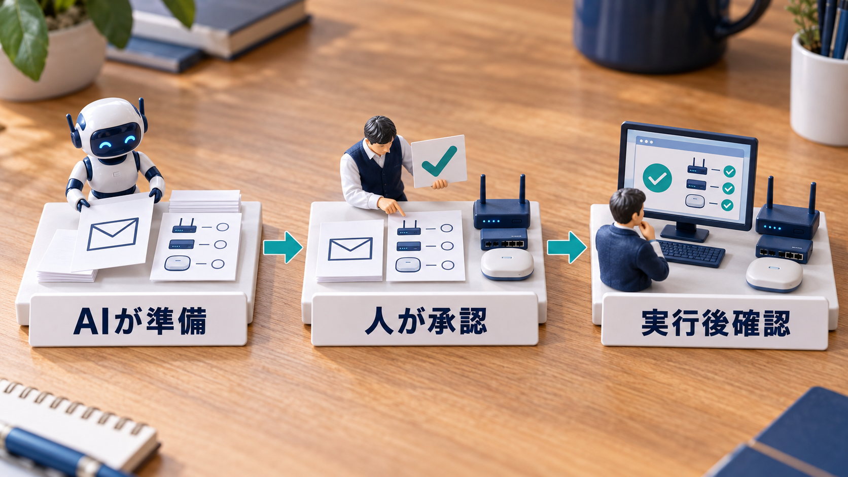 AIが準備、人が承認、実行後確認を示す日本語ラベル付き卓上ミニチュア