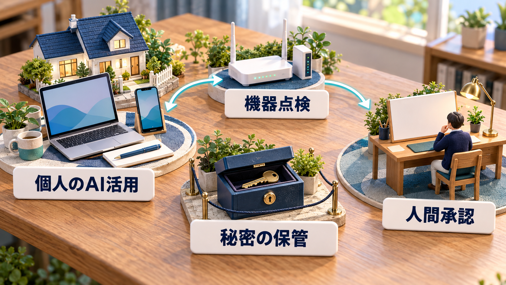 個人のAI活用、秘密の保管、機器点検、人間承認を示す日本語ラベル付き自宅の卓上ミニチュア