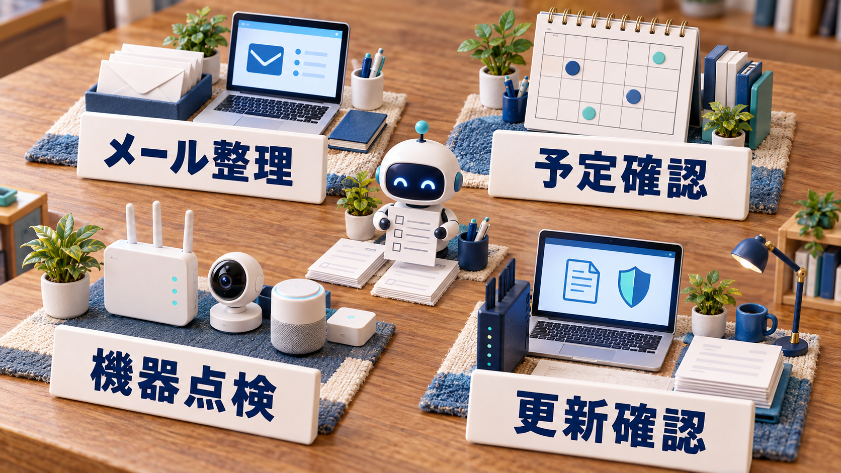 メール整理、予定確認、機器点検、更新確認を示す日本語ラベル付き卓上ミニチュア